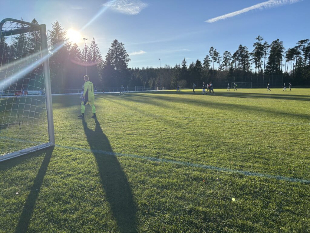 Spielfeld mit niedrig stehender Sonne am Horizont und Fußballtor mit Torwart