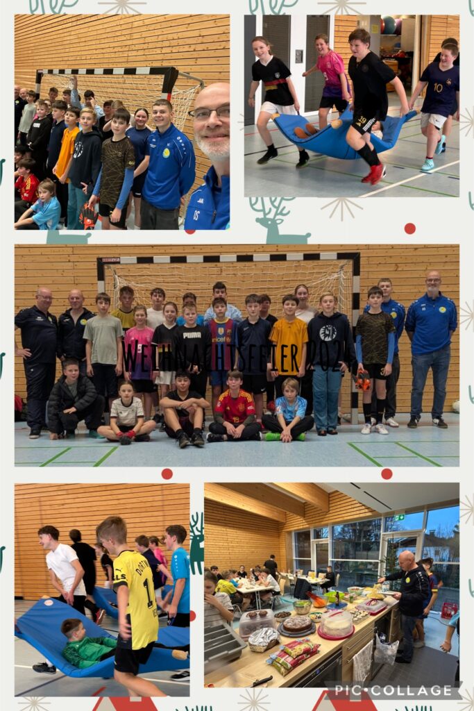 Mehrere Gruppenfotos und Eindrücke einer Jugend Weihnachtsfeier in einer Turnhalle