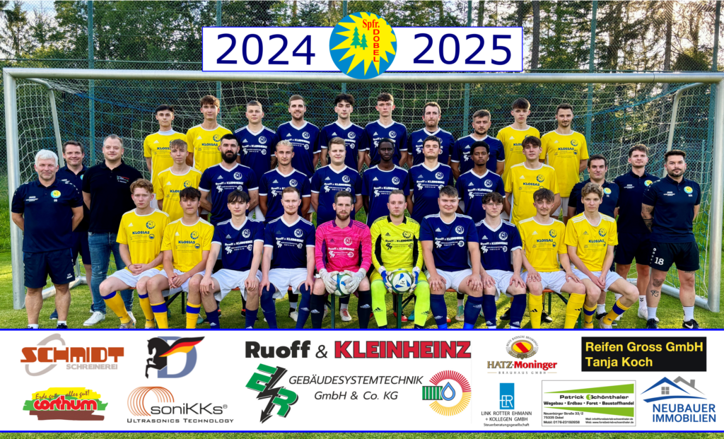 1. Mannschaft Gruppenfoto der Sportfreunde Dobel mit Sponsoren Logos